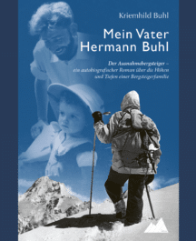 Das Cover des Buches „Mein Vater Hermann Buhl“ zeigt ein stilisiertes Bild des Bergsteigers Hermann Buhl in der Berglandschaft. Der Titel steht prominent in der Mitte, eingerahmt von natürlichen Farbtönen, die die majestätische, aber raue Schönheit der Berge widerspiegeln. Die schlichte Gestaltung unterstreicht die Bedeutung der Biografie und die enge Verbindung zwischen der Familie Buhl und der Bergwelt.