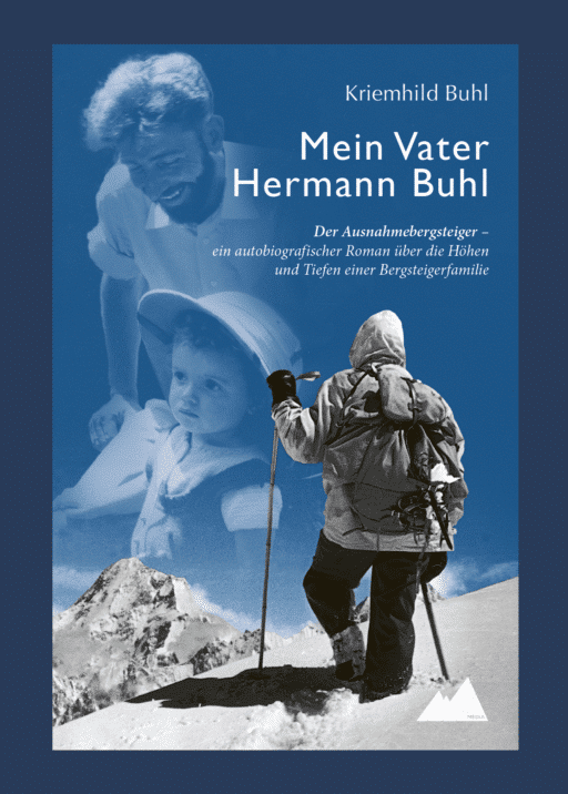 Das Cover des Buches „Mein Vater Hermann Buhl“ zeigt ein stilisiertes Bild des Bergsteigers Hermann Buhl in der Berglandschaft. Der Titel steht prominent in der Mitte, eingerahmt von natürlichen Farbtönen, die die majestätische, aber raue Schönheit der Berge widerspiegeln. Die schlichte Gestaltung unterstreicht die Bedeutung der Biografie und die enge Verbindung zwischen der Familie Buhl und der Bergwelt.