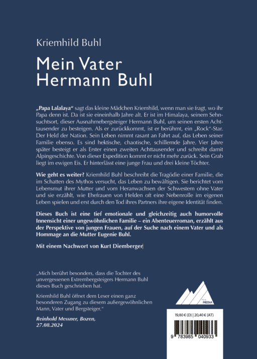 Das Backcover von „Mein Vater Hermann Buhl“ fasst die wesentlichen Themen des Buches zusammen: das Leben und die Erfolge von Hermann Buhl, erzählt aus der Sicht seiner Tochter Kriemhild. Eine Mischung aus Abenteuer, Alpingeschichte und persönlicher Familienerzählung.